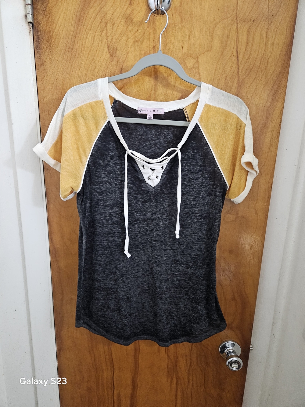 Crave Fame Charcoal Tee with Mustard & Cream Raglan Sleeves